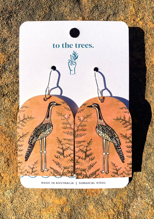 Arch shape earrings, light pink and orange with fern background, Bushstone Curlew earrings, Australian bird jewellery