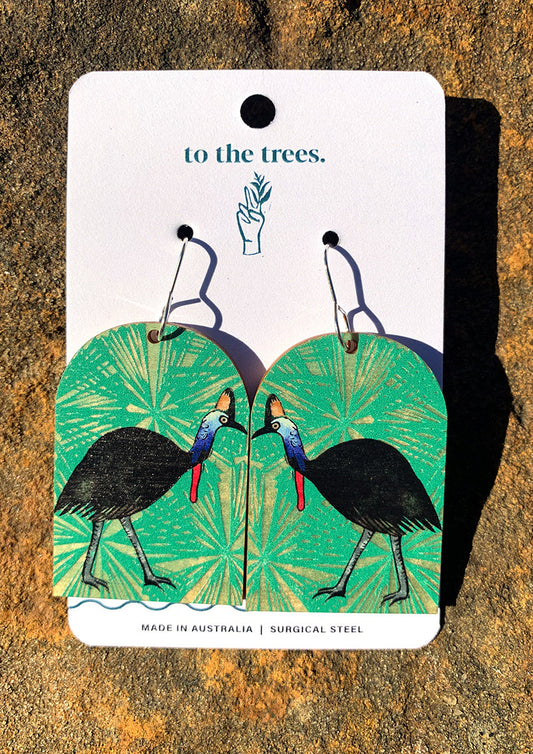 Arch shape earrings, rainforest earrings, green umbrella palm background, Handmade Cassowary earrings, bold Australian bird jewellery