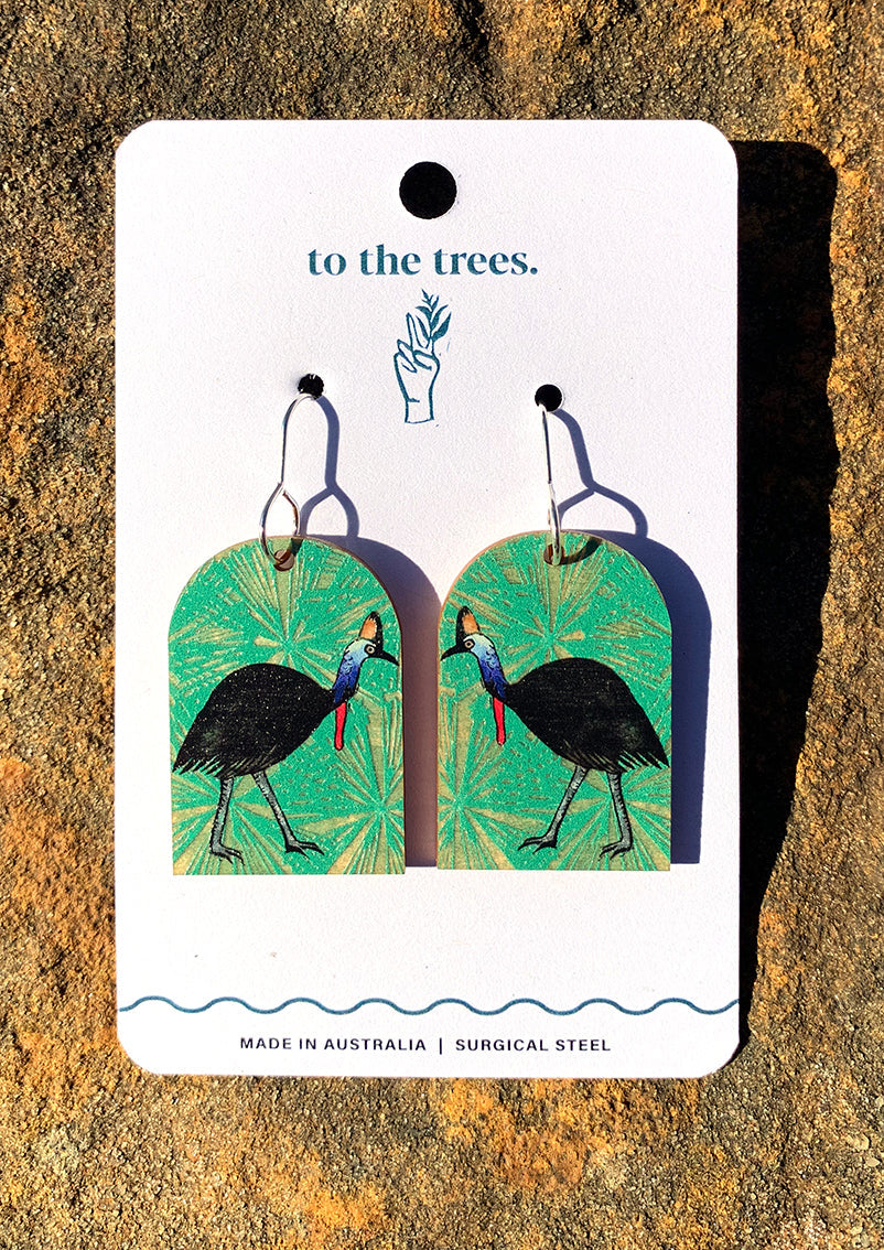 Arch shape earrings, rainforest earrings, green umbrella palm background, Handmade Cassowary earrings, bold Australian bird jewellery