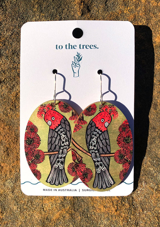 Handmade Gang Gang earrings, Australian cockatoo jewellery, Green and red earrings, oval shape statement earrings