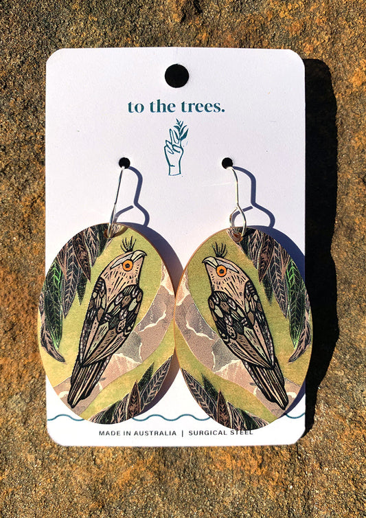 Tawny Frogmouth earrings, handmade Australian bird jewellery, Green and earthy earrings, oval shape statement earrings