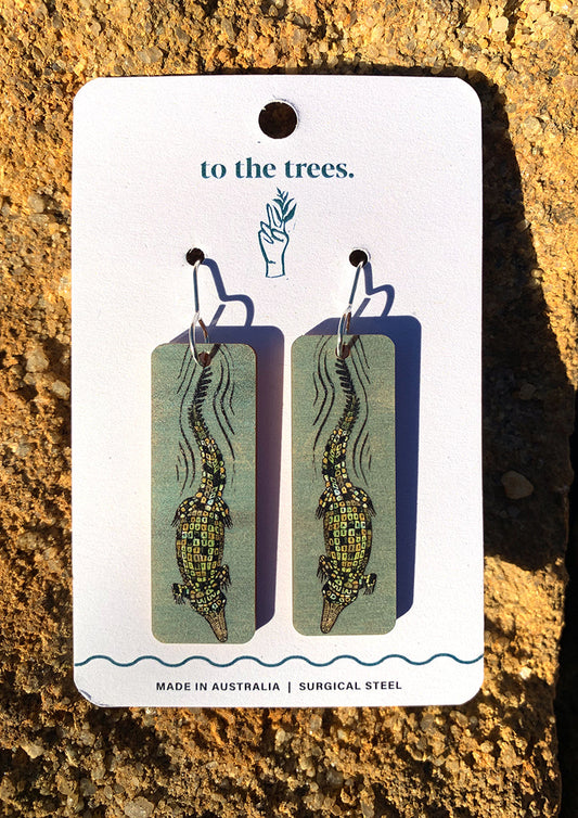 Blue and green earrings, statement rectangle earrings Saltwater Crocodile earrings, Australian wildlife jewellery