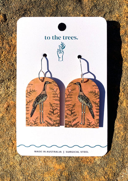 Arch shape earrings, light pink and orange with fern background, Bushstone Curlew earrings, Australian bird jewellery
