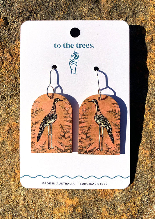 Arch shape earrings, light pink and orange with fern background, Bushstone Curlew earrings, Australian bird jewellery
