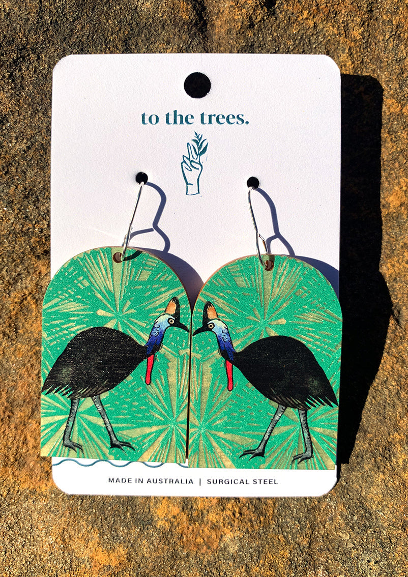 Arch shape earrings, rainforest earrings, green umbrella palm background, Handmade Cassowary earrings, bold Australian bird jewellery