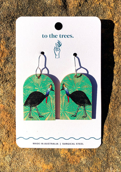 Arch shape earrings, rainforest earrings, green umbrella palm background, Handmade Cassowary earrings, bold Australian bird jewellery