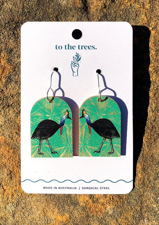 Arch shape earrings, rainforest earrings, green umbrella palm background, Handmade Cassowary earrings, bold Australian bird jewellery