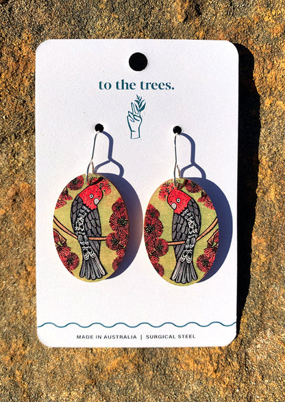 Handmade Gang Gang earrings, Australian cockatoo jewellery, Green and red earrings, oval shape statement earrings