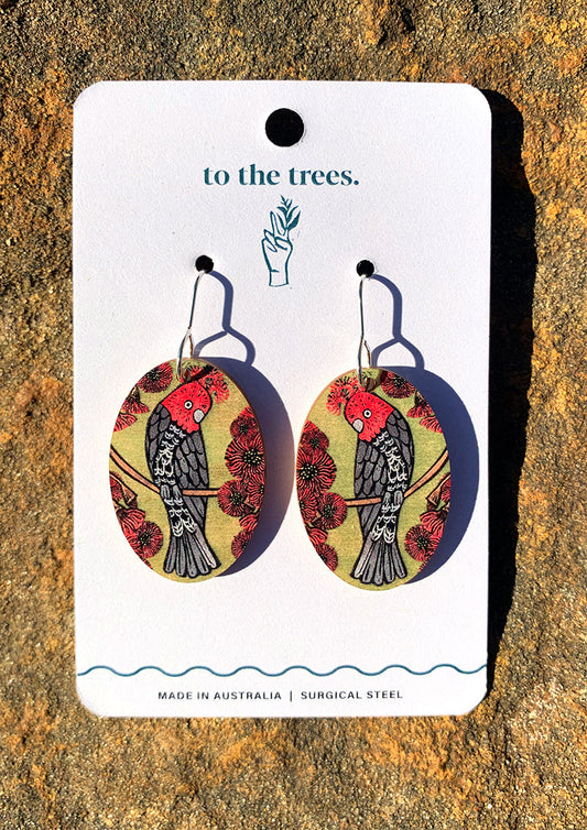 Handmade Gang Gang earrings, Australian cockatoo jewellery, Green and red earrings, oval shape statement earrings