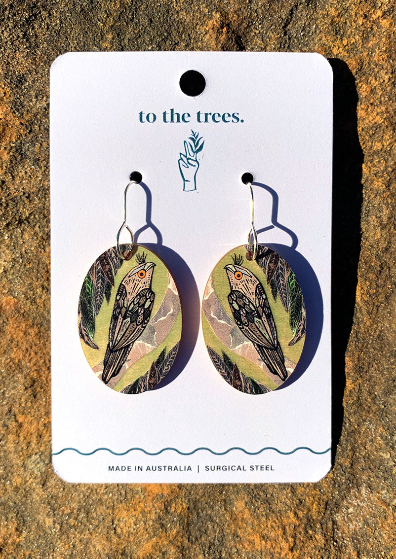 Tawny Frogmouth earrings, handmade Australian bird jewellery, Green and earthy earrings, oval shape statement earrings