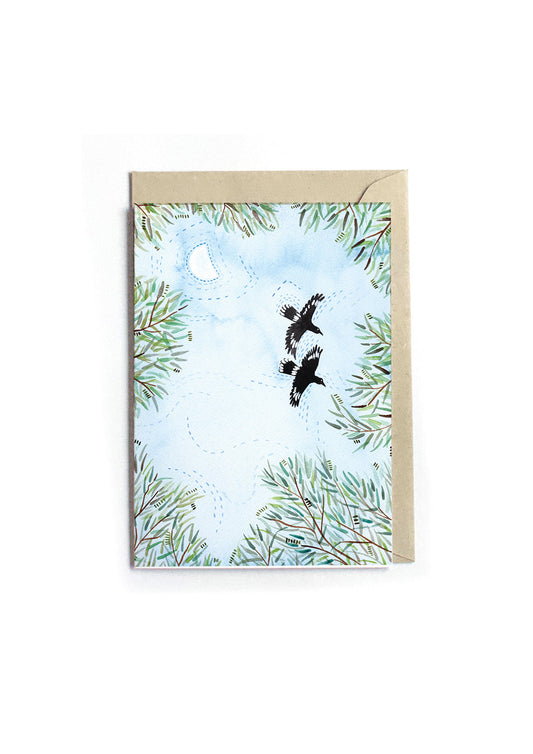 Currawongs and Moon Greeting Card