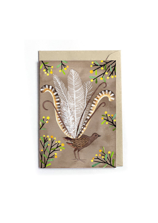 Lyrebird and Wattle Blossom Greeting Card